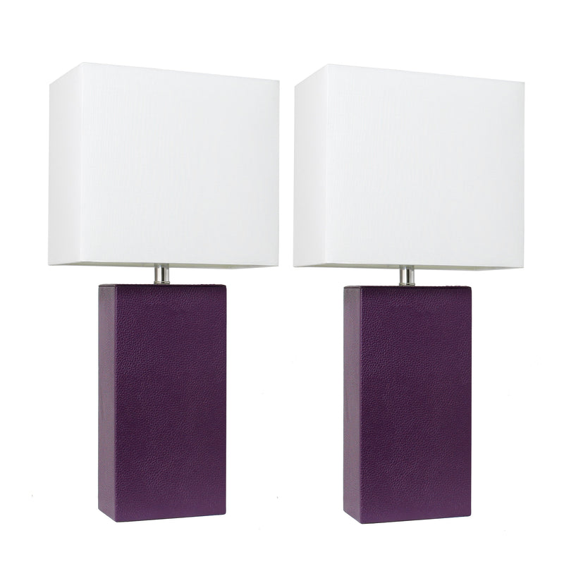 Elegant Designs 2 Pack Modern Leather Table Lamps with White Fabric Shades, Eggplant