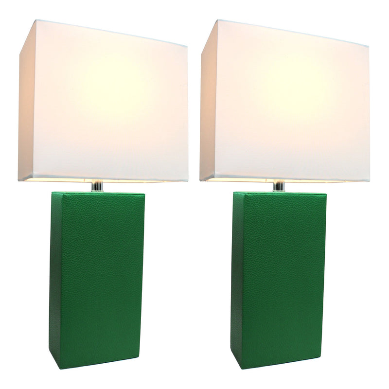 Elegant Designs 2 Pack Modern Leather Table Lamps with White Fabric Shades, Green