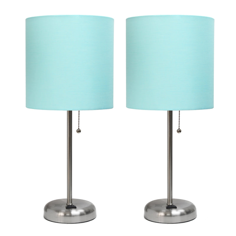 LimeLights Brushed Steel Stick Lamp with Charging Outlet and Fabric Shade 2 Pack Set, Aqua