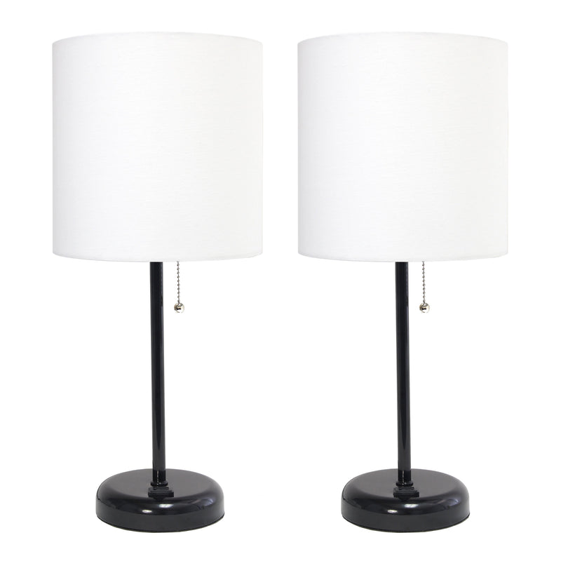 LimeLights Black Stick Lamp with Charging Outlet and Fabric Shade 2 Pack Set, White