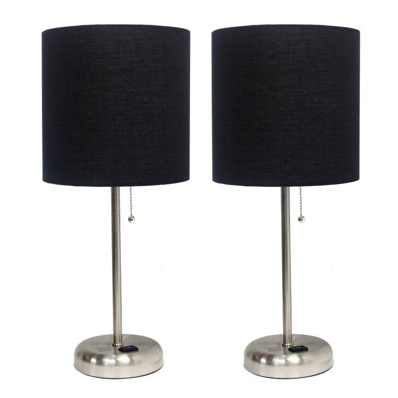 LimeLights Brushed Steel Stick Lamp with Charging Outlet and Fabric Shade 2 Pack Set, Black