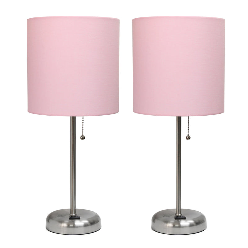 LimeLights Brushed Steel Stick Lamp with Charging Outlet and Fabric Shade 2 Pack Set, Light Pink