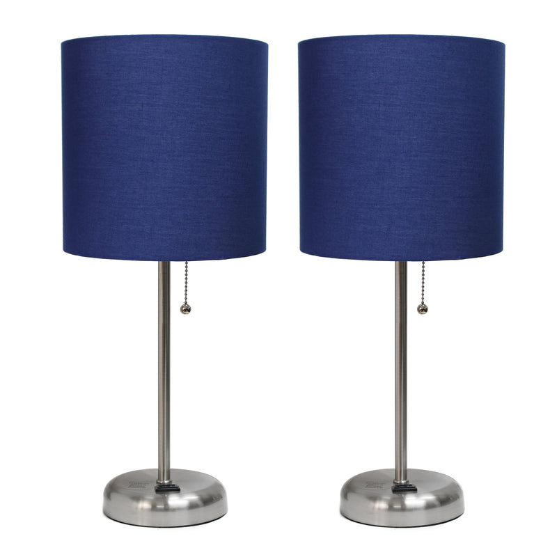 LimeLights Brushed Steel Stick Lamp with Charging Outlet and Fabric Shade 2 Pack Set, Navy