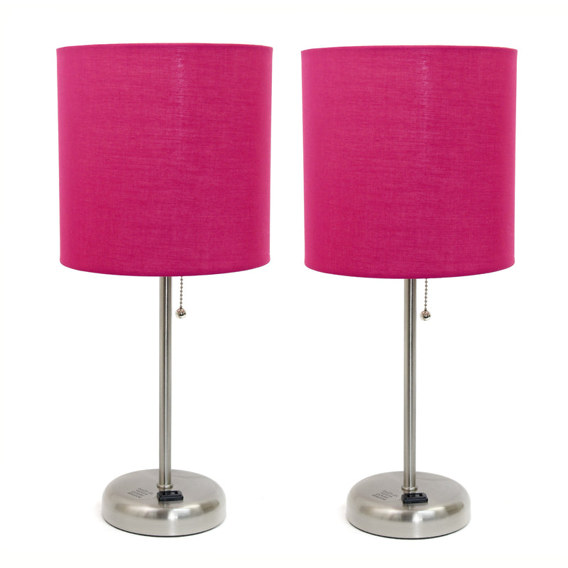 LimeLights Brushed Steel Stick Lamp with Charging Outlet and Fabric Shade 2 Pack Set, Pink