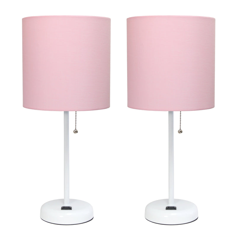 LimeLights White Stick Lamp with Charging Outlet and Fabric Shade 2 Pack Set, Pink