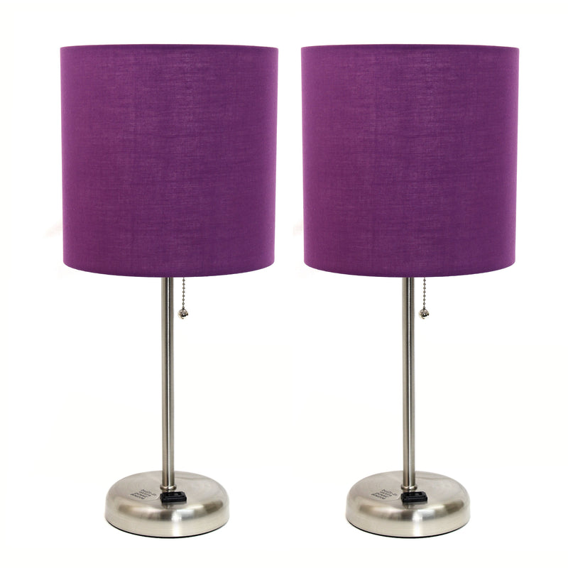 LimeLights Brushed Steel Stick Lamp with Charging Outlet and Fabric Shade 2 Pack Set, Purple