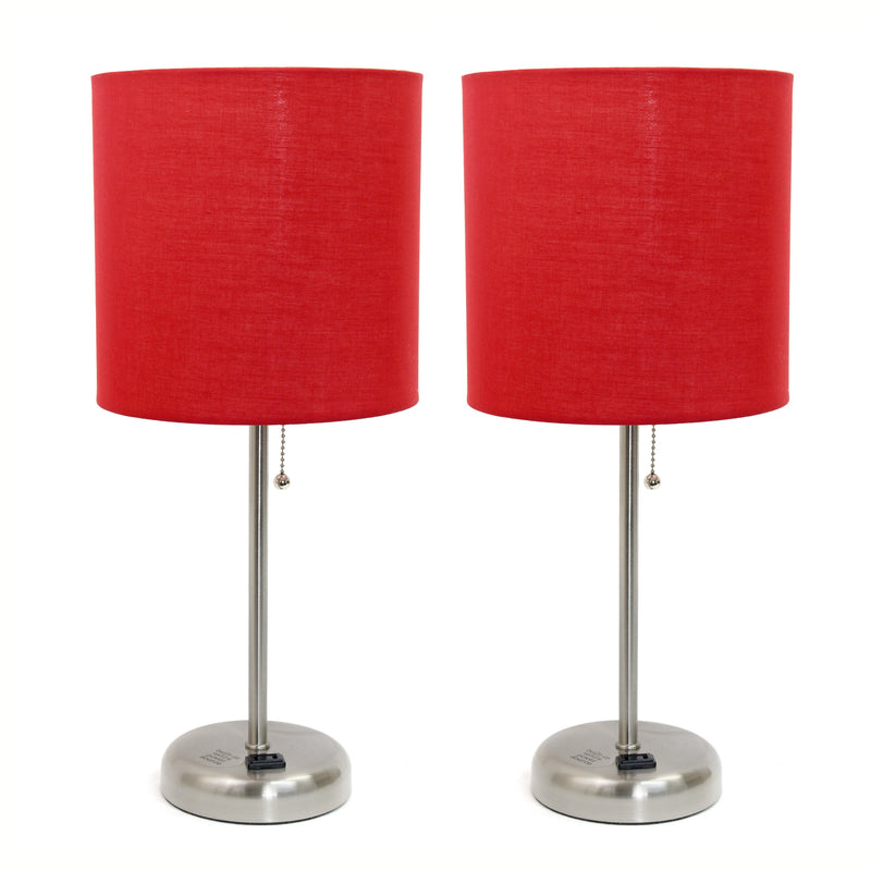 LimeLights Brushed Steel Stick Lamp with Charging Outlet and Fabric Shade 2 Pack Set, Red