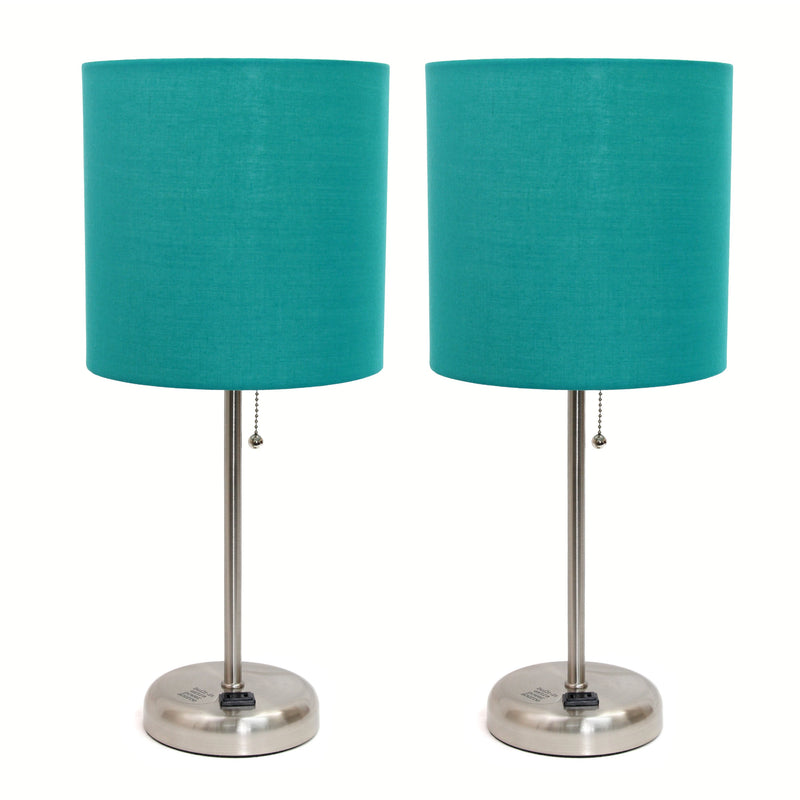 LimeLights Brushed Steel Stick Lamp with Charging Outlet and Fabric Shade 2 Pack Set, Teal