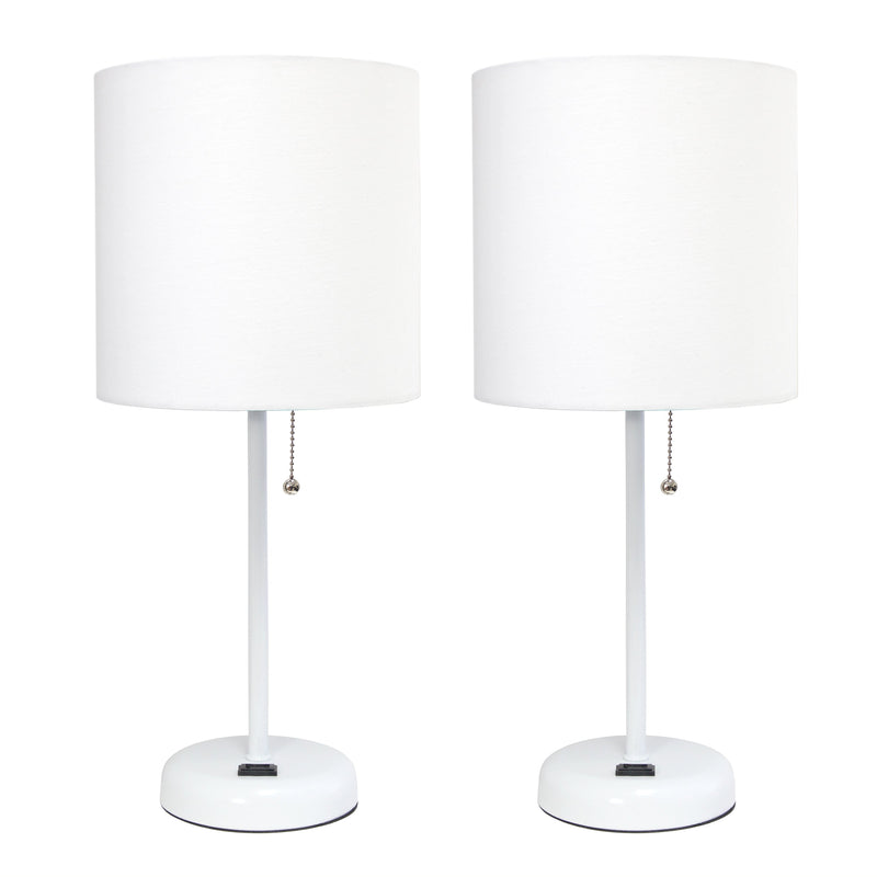 LimeLights White Stick Lamp with Charging Outlet and Fabric Shade 2 Pack Set, White