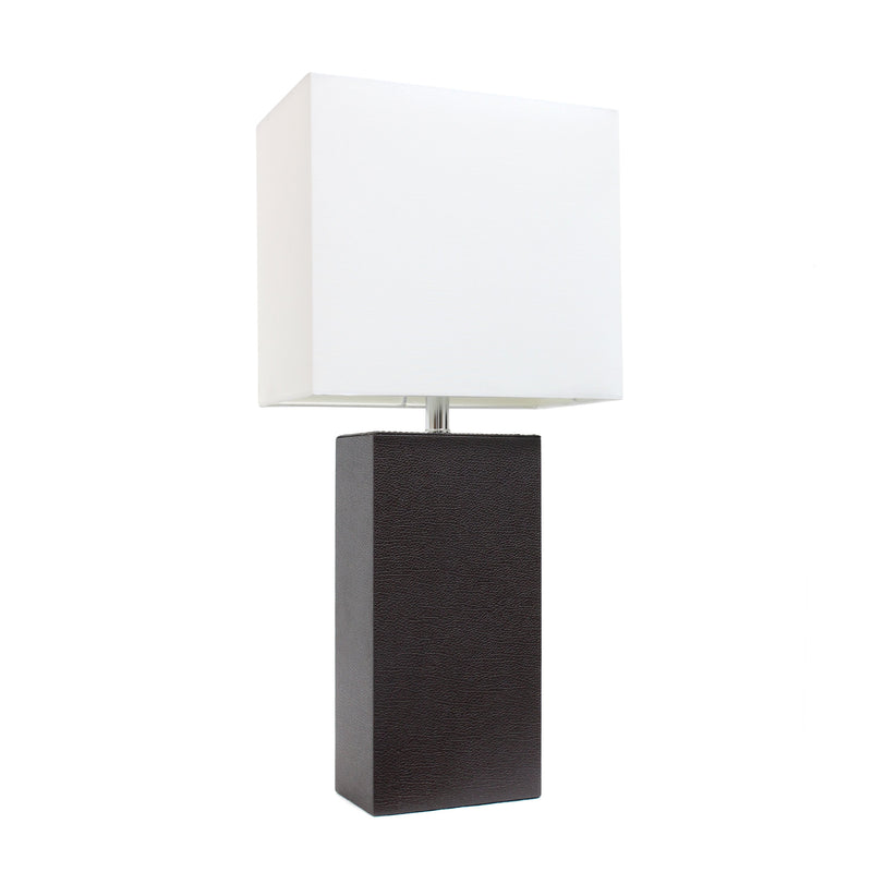 Elegant Designs Modern Leather Table Lamp with White Fabric Shade, Espresso Brown
