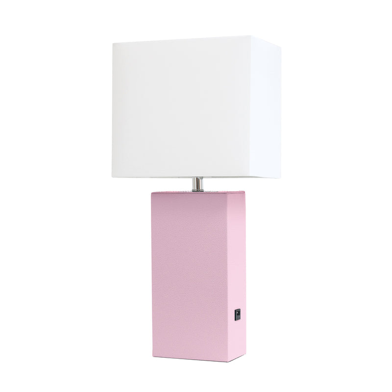 Elegant Designs Modern Leather Table Lamp with USB and White Fabric Shade, Blush Pink