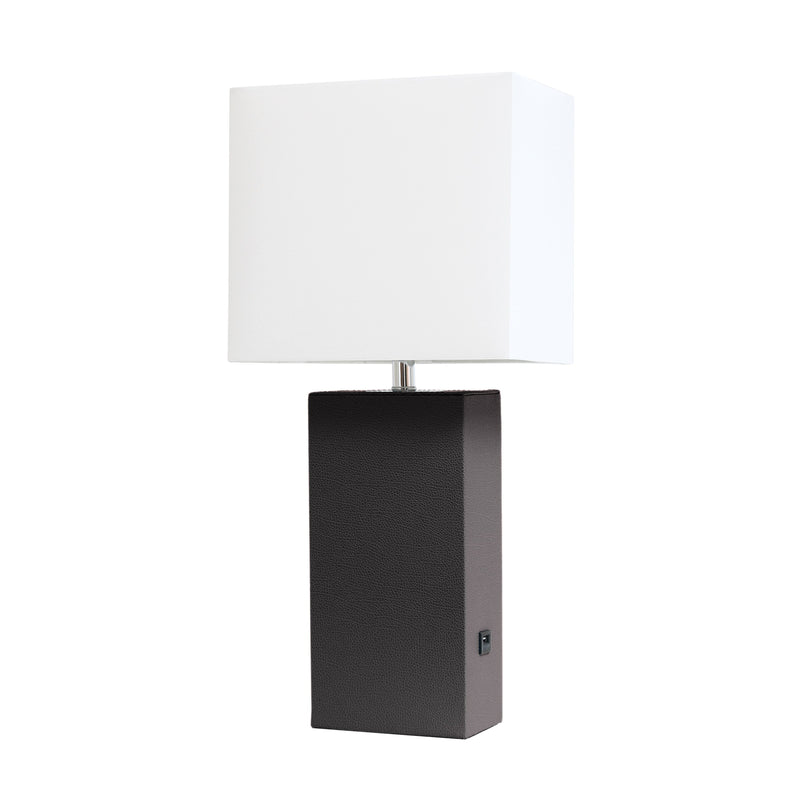 Elegant Designs Modern Leather Table Lamp with USB and White Fabric Shade, Brown