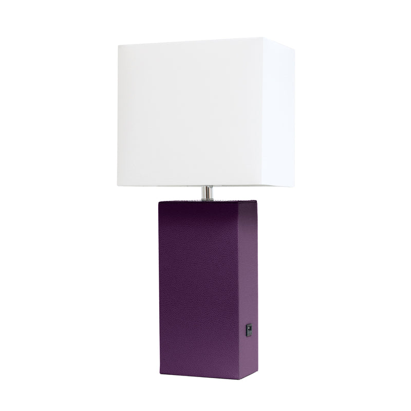 Elegant Designs Modern Leather Table Lamp with USB and White Fabric Shade, Eggplant