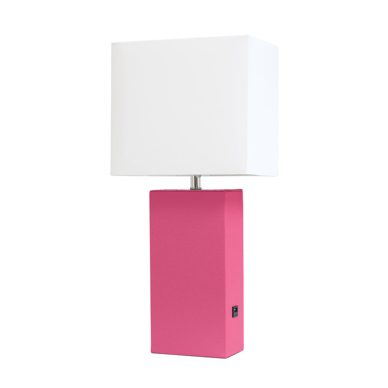 Elegant Designs Modern Leather Table Lamp with USB and White Fabric Shade, Hot Pink