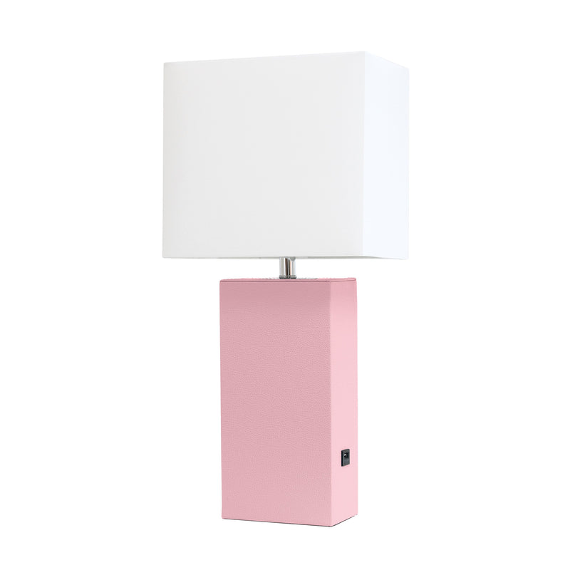 Elegant Designs Modern Leather Table Lamp with USB and White Fabric Shade, Pink