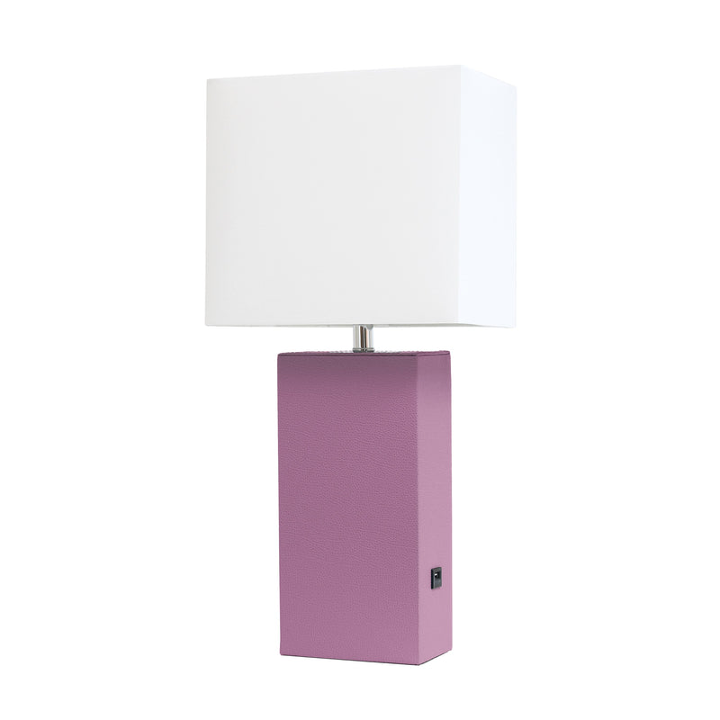 Elegant Designs Modern Leather Table Lamp with USB and White Fabric Shade, Purple