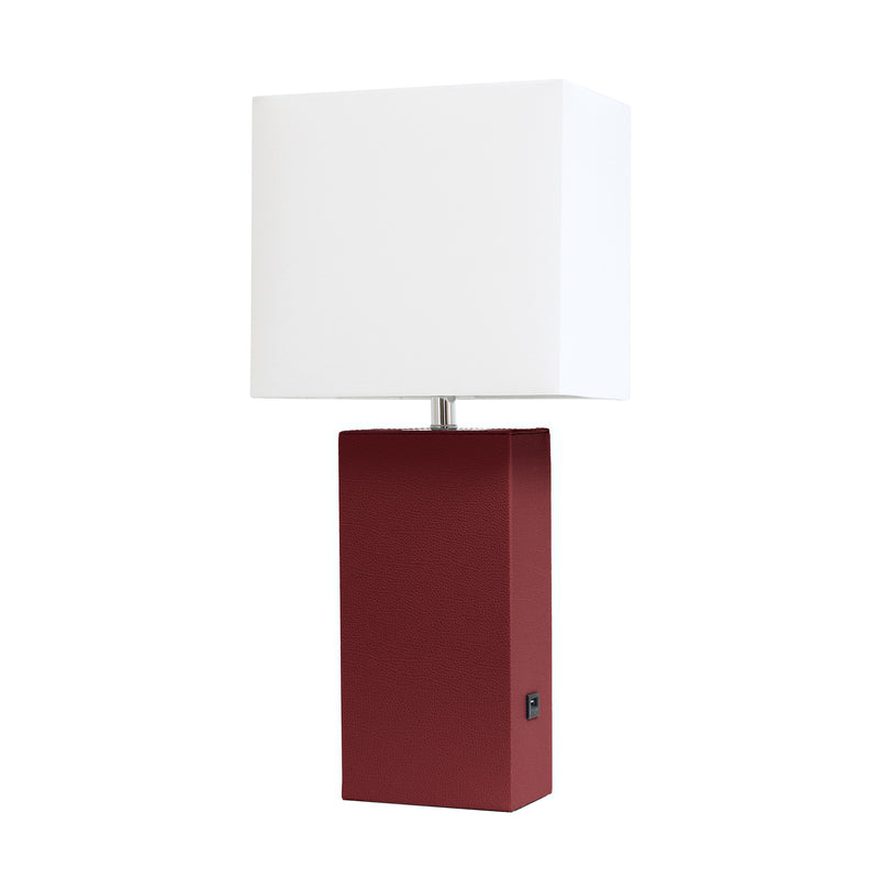 Elegant Designs Modern Leather Table Lamp with USB and White Fabric Shade, Red