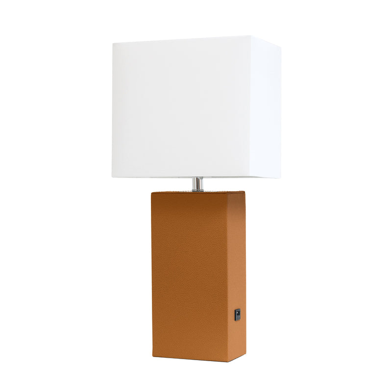 Elegant Designs Modern Leather Table Lamp with USB and White Fabric Shade, Tan