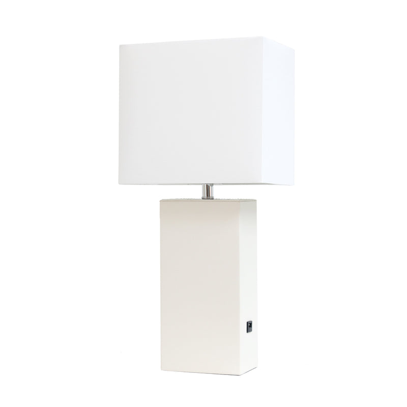 Elegant Designs Modern Leather Table Lamp with USB and White Fabric Shade, White