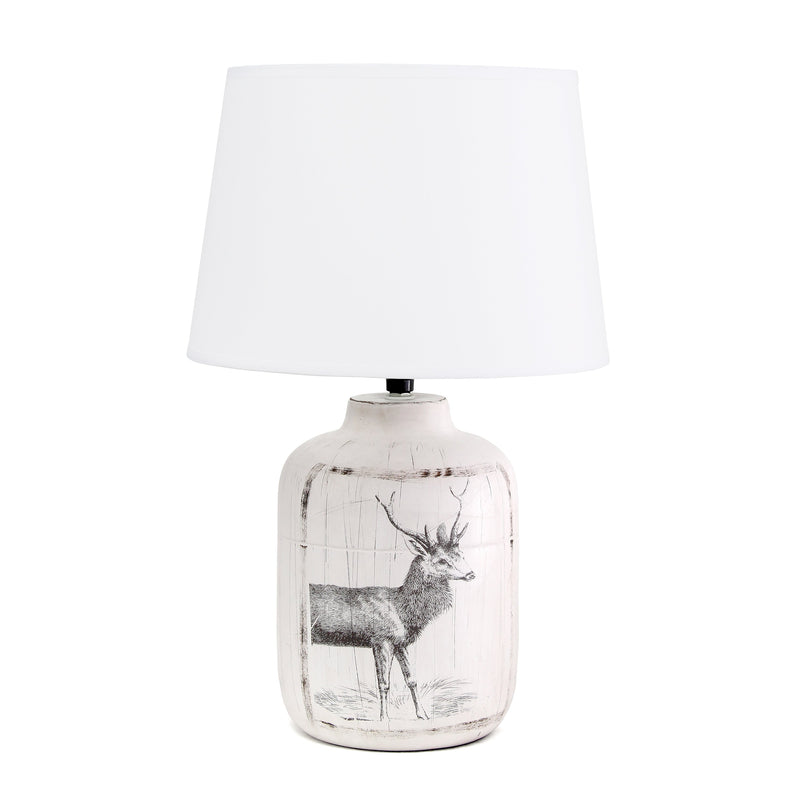 Simple Designs Rustic Deer Buck Nature Printed Ceramic Farmhouse Accent Table Lamp with Fabric Shade
