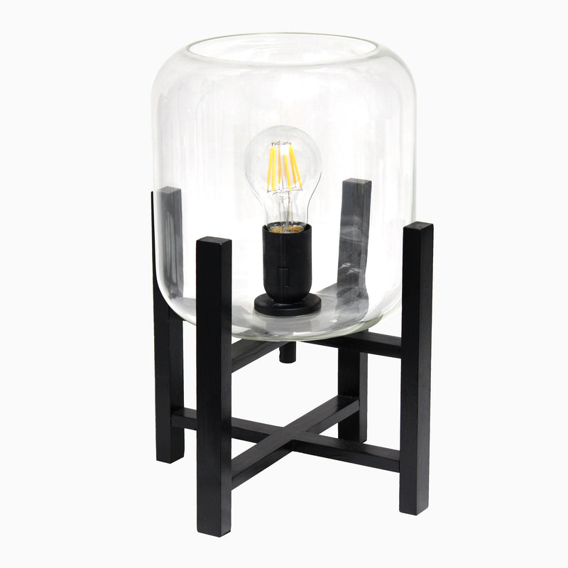Simple Designs Black Wood Mounted Table Lamp with Clear Glass Cylinder Shade