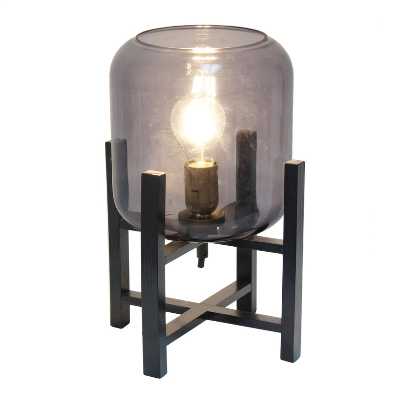 Simple Designs Black Wood Mounted Table Lamp with Smokey Glass Cylinder Shade
