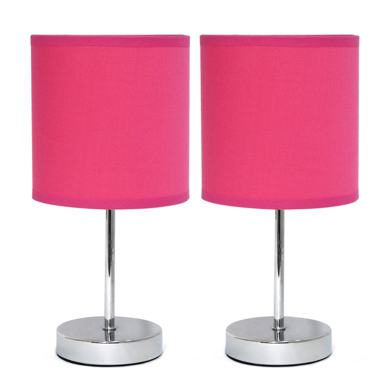Simple Designs Chrome Mini Basic Table Lamp with Fabric Shade 2 Pack Set, Hot Pink