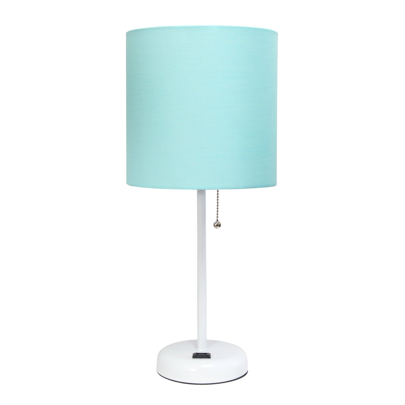 LimeLights White Stick Lamp with Charging Outlet and Fabric Shade, Aqua