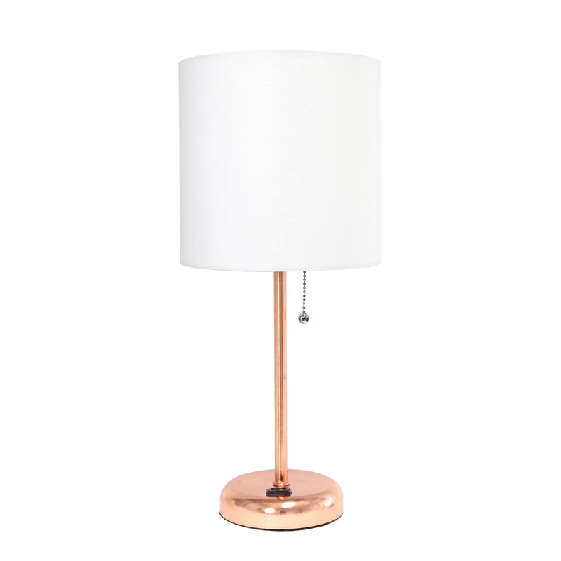 LimeLights Rose Gold Stick Lamp with Charging Outlet and Fabric Shade, White