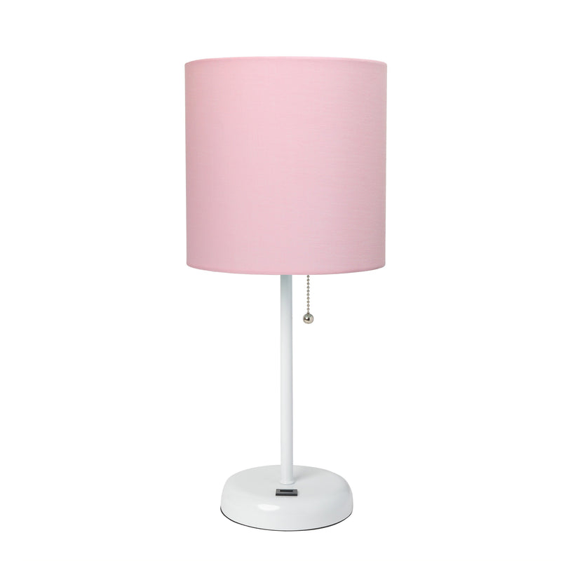 LimeLights White Stick Lamp with USB charging port and Fabric Shade, Light Pink