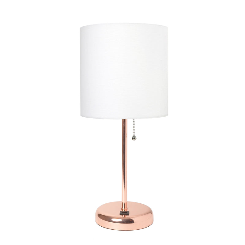 LimeLights Rose Gold Stick Lamp with USB charging port and Fabric Shade, White