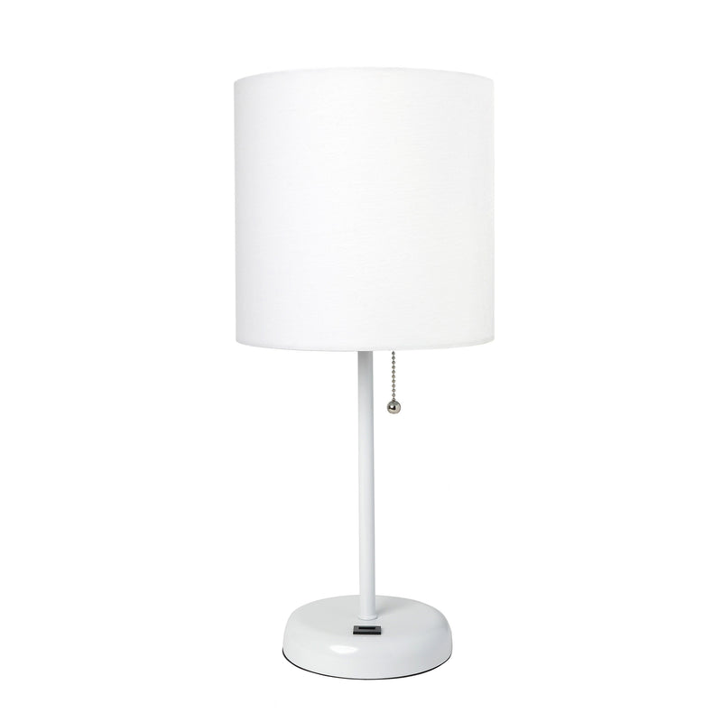 LimeLights White Stick Lamp with USB charging port and Fabric Shade, White