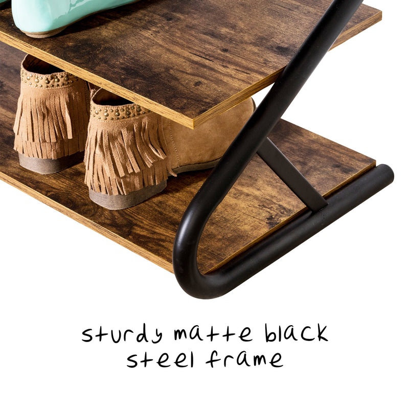 Honey-Can-Do 3-Shelf Z-Frame Rustic Wooden Shoe Rack with Matte Black Metal