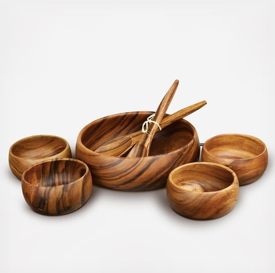 Home Outfitters Acacia Wood 7-Piece Round Serving Set with 12" x 4" Salad Bowl, 6" x 3" Salad Bowls and Servers