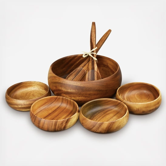 Acacia Wood 7-Piece Round Serving Set with 10" x 4" Salad Bowl, 6" x 2" Salad Bowls and Servers