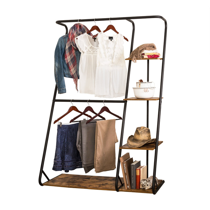 Honey-Can-Do Freestanding Open Closet Wardrobe with Wood Shelf & Black Metal Frame