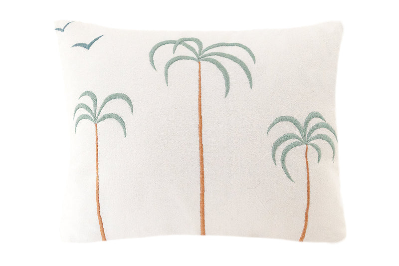Palm Tree + Birds Embroidered Cotton Pillow