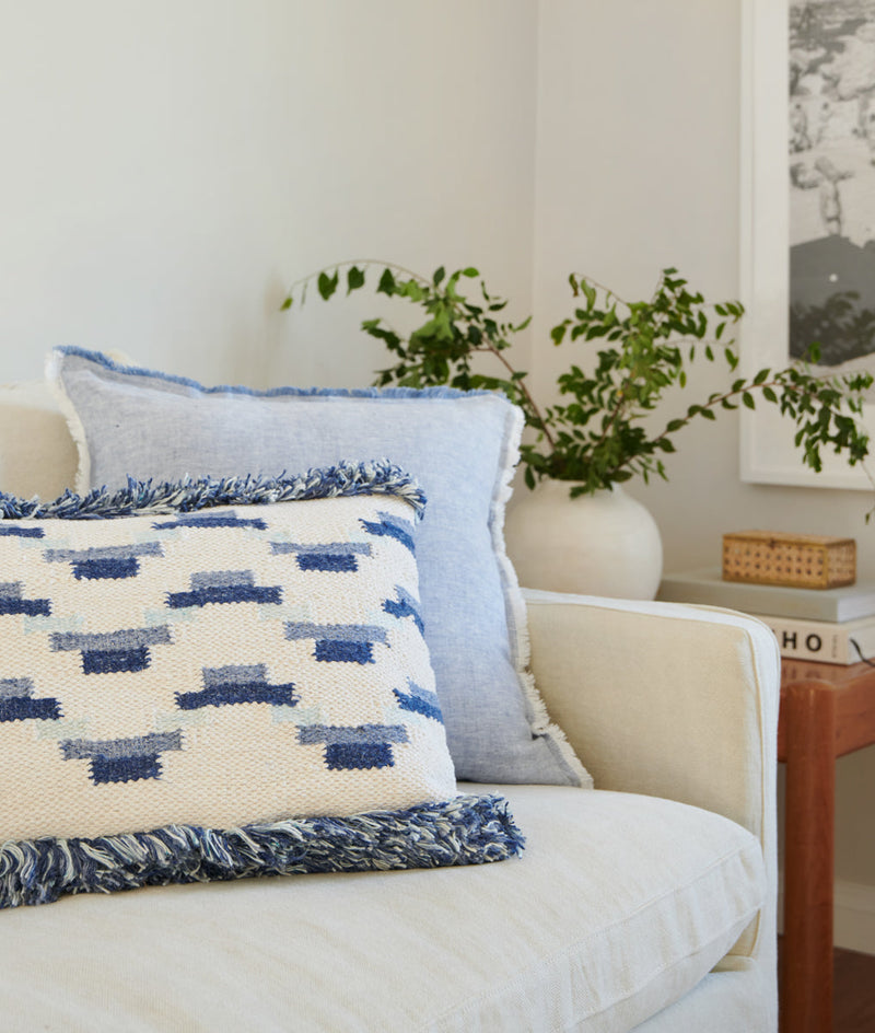 Indigo Blue Geometric Pillow with Fringe