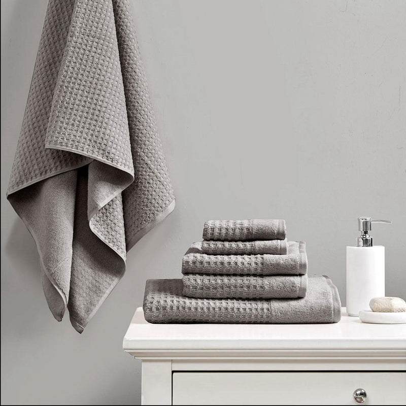 Home Outfitters Charcoal 100% Cotton Waffle 6pcs Bath Towel Set , Absorbent, Bathroom Spa Towel, Modern/Contemporary
