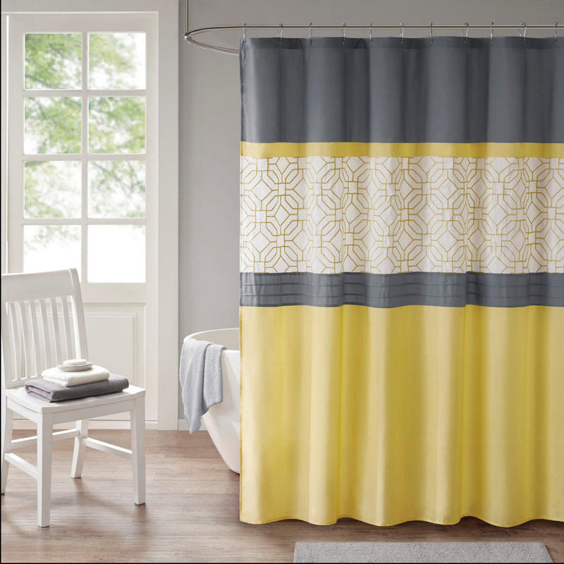 Home Outfitters Yellow/Grey  Microfiber Embroidery Pieced Shower Curtain 72"W x 72"L, Shower Curtain for Bathrooms, Transitional