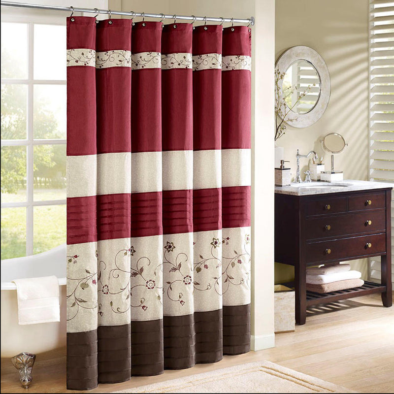 Home Outfitters Red Faux Silk Lined Shower Curtain w/Embroidery 72x72", Shower Curtain for Bathrooms, Transitional
