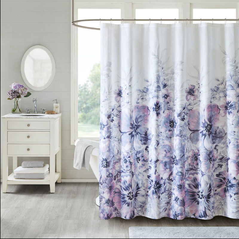 Home Outfitters Purple 100% Cotton Printed Shower Curtain 72"W x 72"L, Shower Curtain for Bathrooms, Transitional