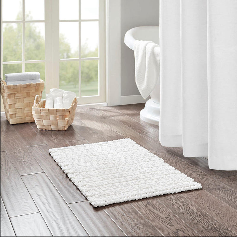 Home Outfitters White 100% Cotton Chenille Chain Stitch Rug 20"Wx30"L, Absorbent Bathroom Floor Mat, Casual
