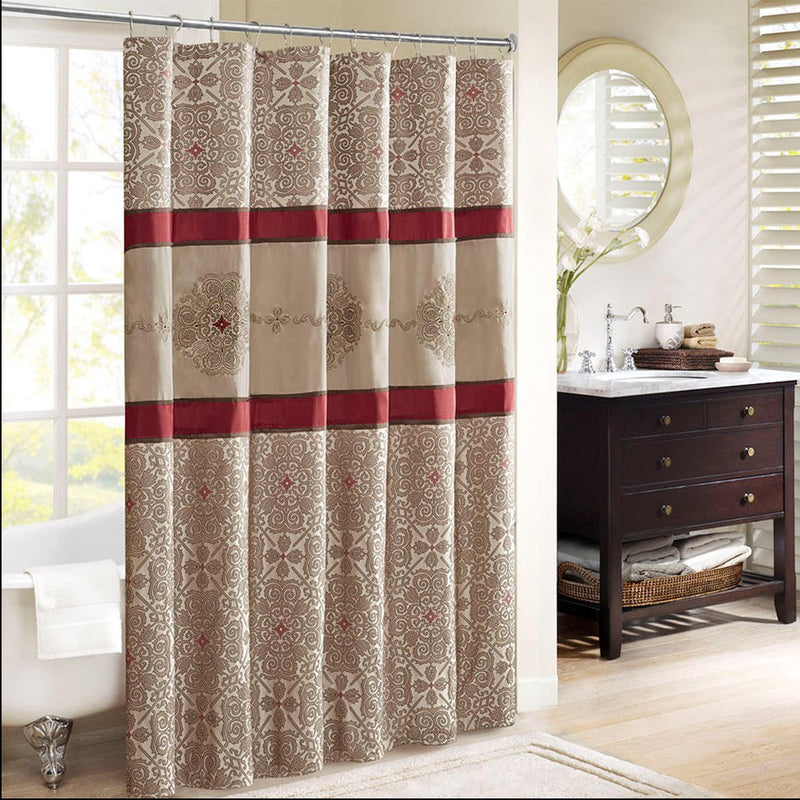 Home Outfitters Red  Jacquard Shower Curtain w/Embroidery 72x72", Shower Curtain for Bathrooms, Traditional