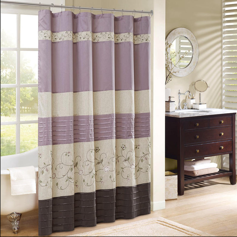 Home Outfitters Purple Faux Silk Lined Shower Curtain w/Embroidery 72x72", Shower Curtain for Bathrooms, Transitional