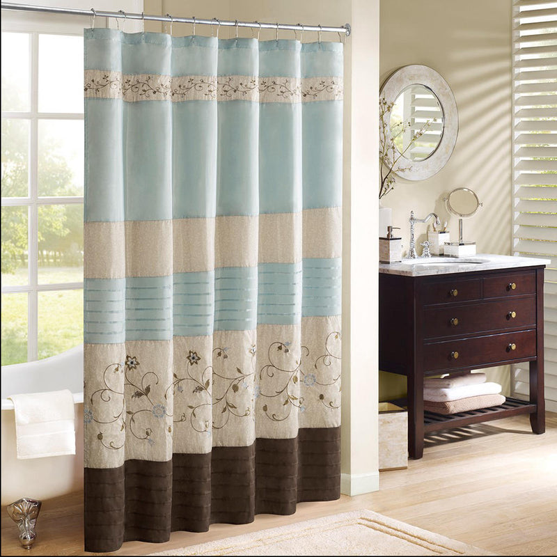 Home Outfitters Blue Faux Silk Lined Shower Curtain w/Embroidery 72x72", Shower Curtain for Bathrooms, Transitional