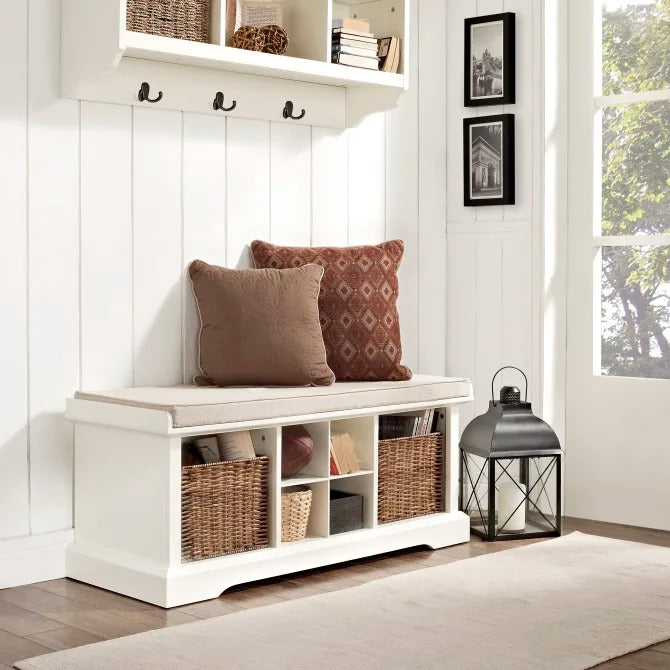 Crosley Furniture Brennan Entryway Storage Bench with Wicker Baskets and Cushion, White