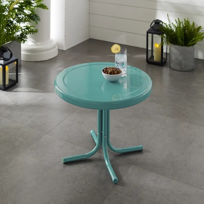 Crosley Furniture Griffith Retro Metal Outdoor Side Table, Pastel-blue-satin