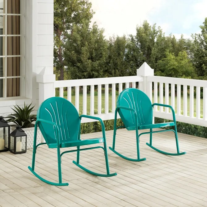 Crosley Furniture Griffith Retro Metal Outdoor Rocking Chairs, Turquoise Gloss