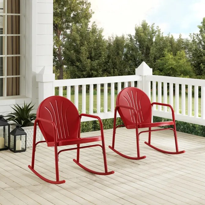 Crosley Furniture Griffith Retro Metal Outdoor Rocking Chairs, Bright Red Gloss